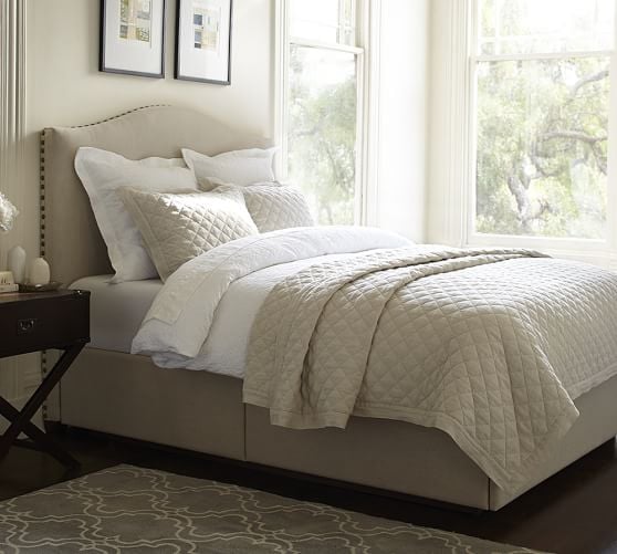 candace rose Pottery Barn RALEIGH UPHOLSTERED NAILHEAD CAMELBACK TALL HEADBOARD & STORAGE PLATFORM BED bedroom sale candie anderson