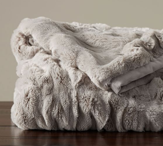 Pottery Barn RUCHED FAUX FUR THROW - GRAY pottery barn throw blankets sale