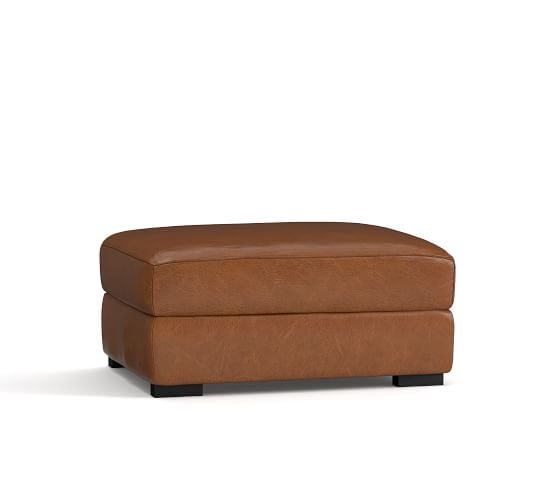 Pottery Barn TURNER LEATHER OTTOMAN- VINTAGE CARAMEL pottery barn premier event sale 