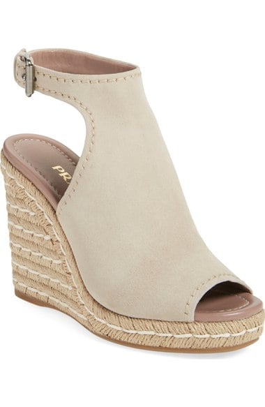 Prada Ankle Strap Espadrille Wedge Sandal (Women) Beige Suede wedge sandals fall 2016