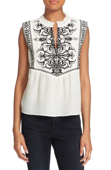 Rebecca Taylor 'Aztec' Embroidered Sleeveless Silk Top Cream Black Nordstrom anniversary sale women's fashion under $500