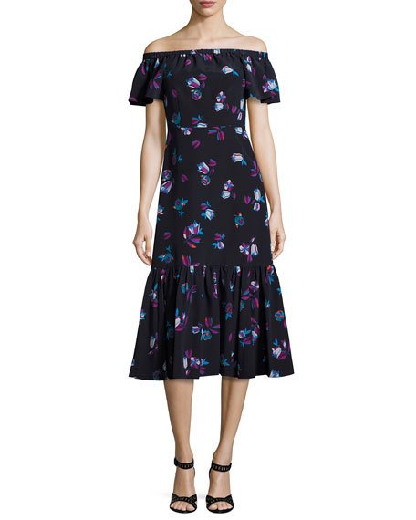 Rebecca Taylor Floral-Print Off-the-Shoulder Midi Dress Black floral print dresses neiman marcus candace rose