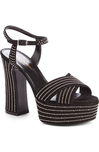 Saint Laurent 'Candy Stripe' Studded Ankle Strap Sandal (Women) Black Suede block heel sandals summer 2016