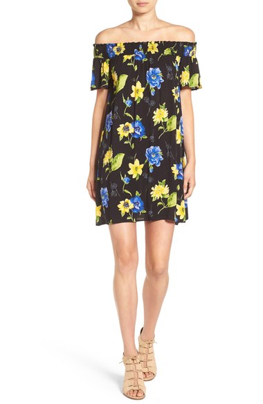 Soprano Floral Print Off the Shoulder Dress Black Yellow Floral Print floral print dresses candace rose nordstrom