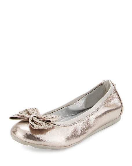Stuart Weitzman Fannie Jeweled-Bow Faux-Leather Ballet Flat Pewter, Youth back to school shoes for little girls candace rose neiman marcus