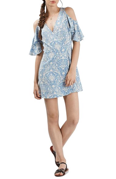 Topshop Floral Print Cold Shoulder Wrap Dress Light Blue nordstrom floral print dresses candace rose