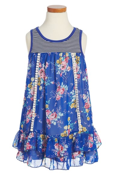 Truly Me Ruffle Hem A-Line Dress (Toddler Girls & Little Girls) Royal Multi Stripe Floral Print dresses for toddler girls preschool