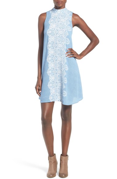 Way-In Print Mock Neck Swing Dress Denim Ivory swing dresses for summer 2016