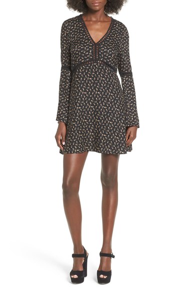 Wayf 'Pembrook' Bell Sleeve Babydoll Dress Black Floral Print nordstrom floral print dresses fall candace rose
