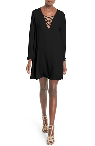 ASTR Lace-Up Bell Sleeve Shift Dress Black bell sleeve dresses fall 2016