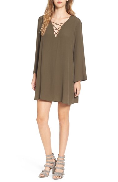 ASTR Lace-Up Bell Sleeve Shift Dress Olive Green bell sleeve dresses fall 2016