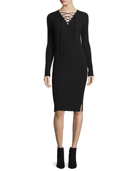 Autumn Cashmere Ribbed Cashmere Lace-Up V-Neck Sweaterdress Black sweater dresses