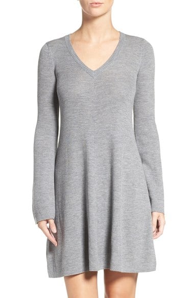 BCBGMAXAZRIA 'Althea' Ribbed Merino Wool A-Line Dress Heather Grey bell sleeve dresses 