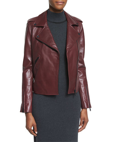 Badgley Mischka New Leather Moto Jacket w/ Black Hardware Burgundy leather moto jackets 