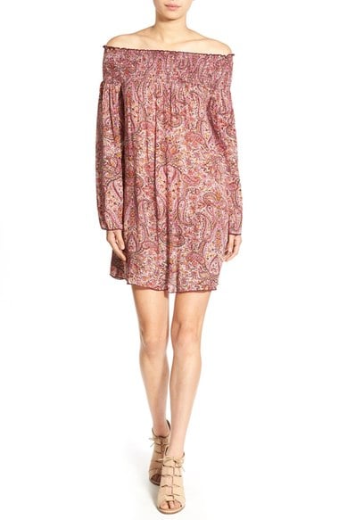 Band of Gypsies Paisley Off the Shoulder Shift Dress Pink Red bell sleeve dresses 