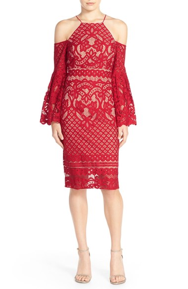 Bardot 'Mila' Cold Shoulder Lace Midi Dress Vivid Red lace dresses fall wedding guest season 