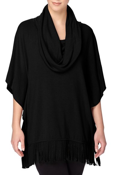 Catherine Catherine Malandrino 'Gladys' Fringe Cowl Neck Poncho Black cowl neck sweaters fall 2016