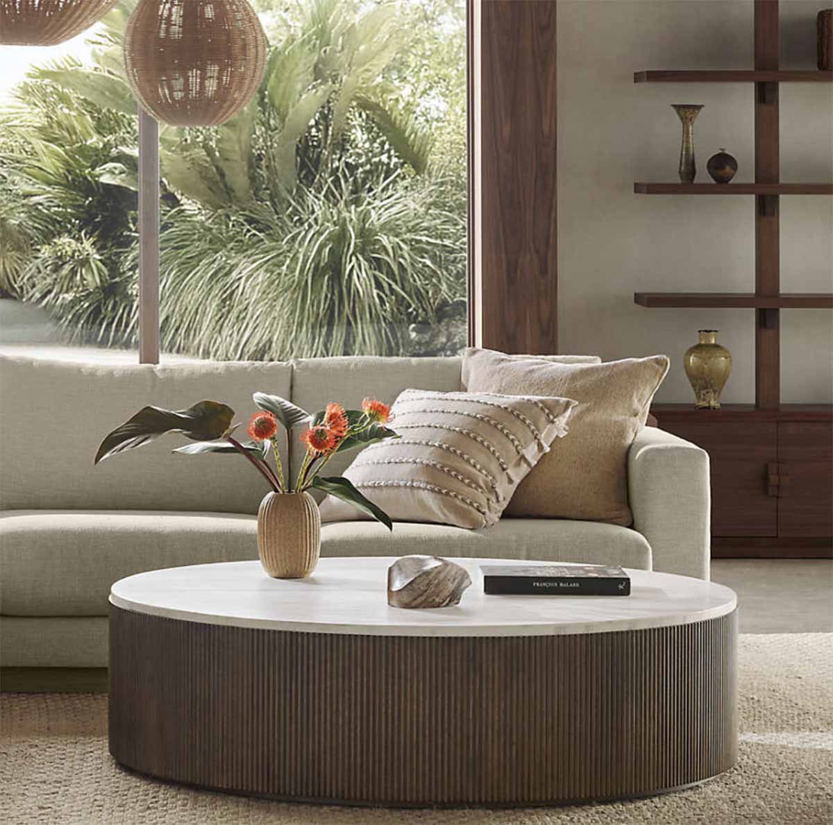 Crate and Barrel Troupe Marble and Oak Wood Ribbed 56" Round Coffee Table Ribbed Oak best marble coffee tables