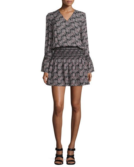 Derek Lam 10 Crosby Long-Sleeve Smocked V-Neck Dress Black/Multicolor bell sleeve dresses on trend for fall 2016