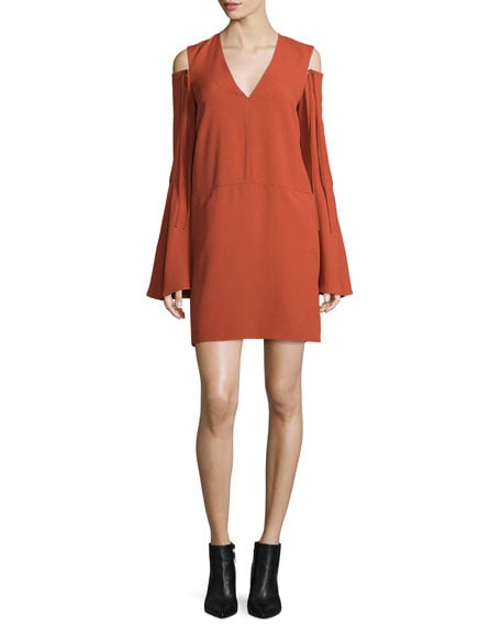 Derek Lam Bell-Sleeve Cold-Shoulder Dress Pomegranate  cold shoulder dresses fall wedding guest