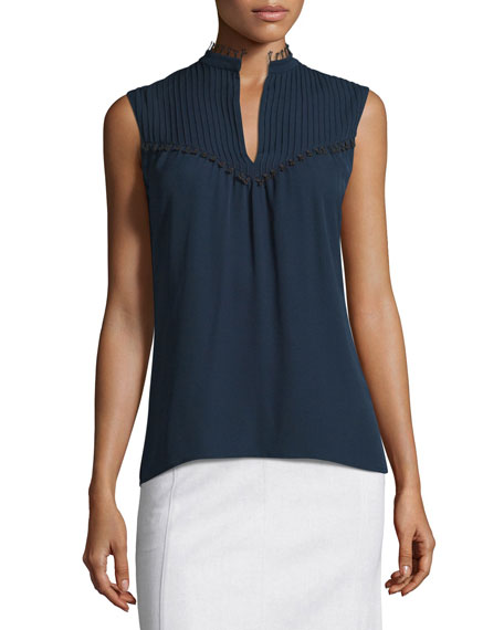 Derek Lam Sleeveless Pintucked Silk Blouse Navy Blue fringe tops summer fall