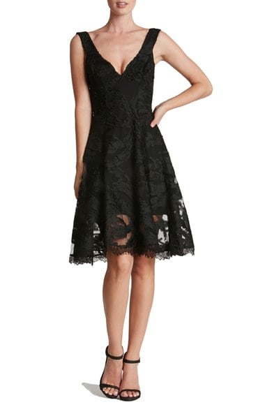 Dress the Population 'Maya' Woven Fit & Flare Dress Black lace dresses fall wedding guest season