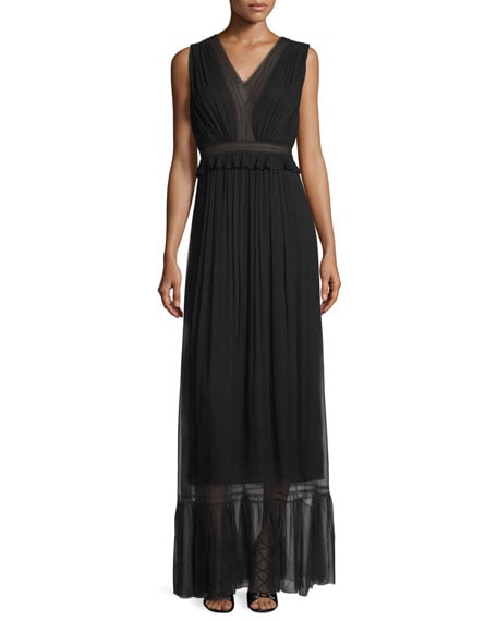 Elie Tahari Amilia Sleeveless Pleated SIlk Maxi Dress Black maxi dresses fall wedding guest 