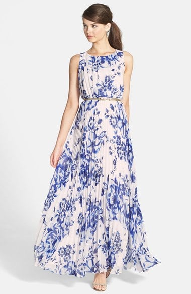 Eliza J Belted Print Chiffon Maxi Dress (Regular & Petite) Cobalt fall wedding guest maxi dresses