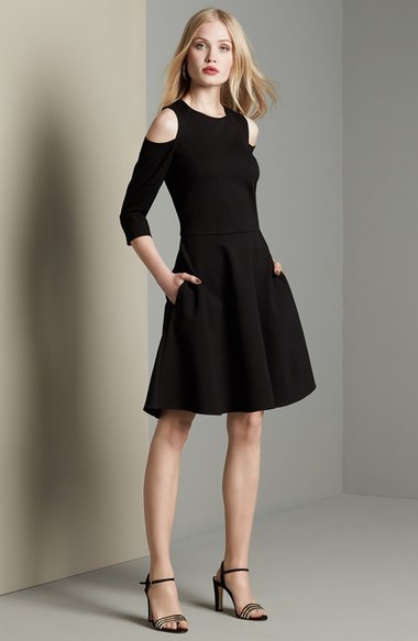 Eliza J Cold Shoulder Ponte Fit & Flare Dress (Regular & Petite) Black cold shoulder dresses fall wedding guest