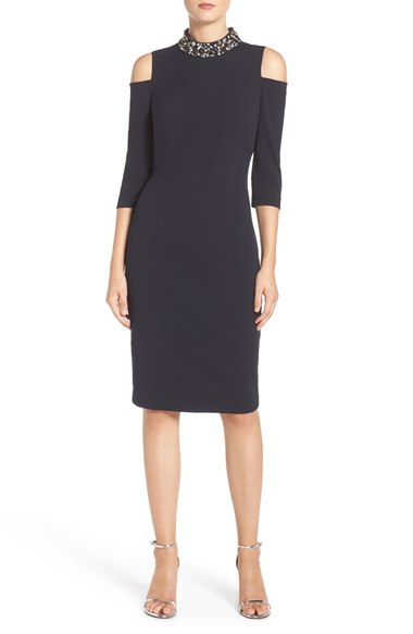 Eliza J Embellished Cold Shoulder Stretch Sheath Dress Navy Blue cold shoulder dresses fall wedding guest season 