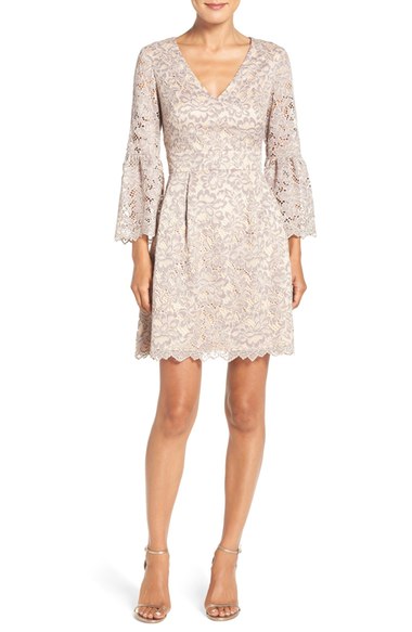Eliza J Lace Fit & Flare Dress Bell Sleeves Grey lace dresses fall wedding guest