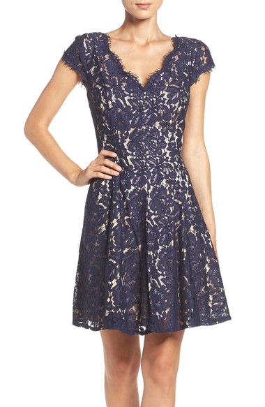 Eliza J Lace Fit & Flare Dress Blue