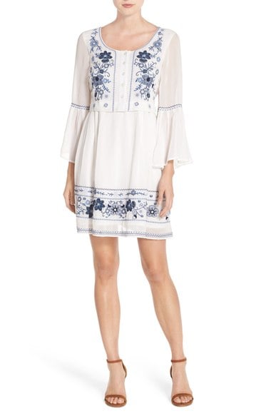 French Connection 'Sunshine Bloom' Embroidered Fit & Flare Dress Summer White Vista Blue bell sleeve dresses fall 2016