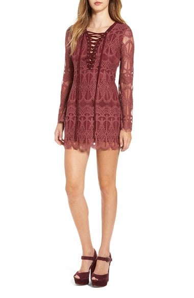 GLAMOROUS Lace-Up Lace Sheath Dress Purple Lace bell sleeve dresses fall 2016