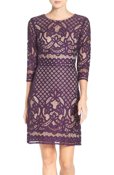 Gabby Skye 'Placement' Lace Sheath Dress Aubergine Nude lace dresses fall wedding guest season