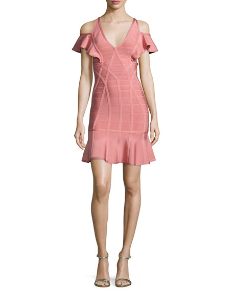 Herve Leger Flutter-Sleeve Cold-Shoulder Bandage Dress Pale Coral cold shoulder dresses fall wedding guest
