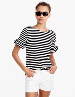 J.Crew RUFFLE-SLEEVE T-SHIRT IN STRIPEitem f4422 Black Ivory labor day weekend sales