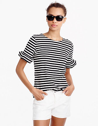 J.Crew RUFFLE-SLEEVE T-SHIRT IN STRIPEitem f4422 Black Ivory labor day weekend sales