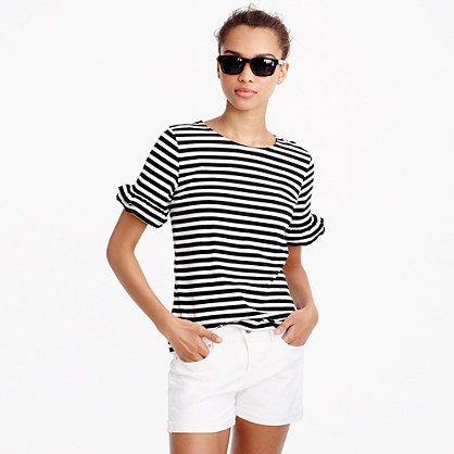 J.Crew RUFFLE-SLEEVE T-SHIRT IN STRIPEitem f4422 Black Ivory labor day weekend sales 