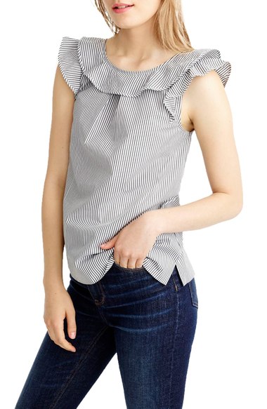 J.Crew Shirting Stripe Ruffle Top Black White Nordstrom j.crew at nordstrom fall fashion women