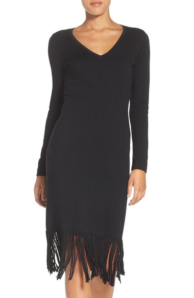 Laundry by Shelli Segal Fringe Midi Sweater Dress Black sweater dresses fall 2016