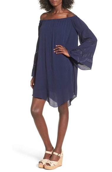 Love, Fire Off the Shoulder Shift Dress Bell Sleeve Eclipse Blue bell sleeve dresses fall 2016
