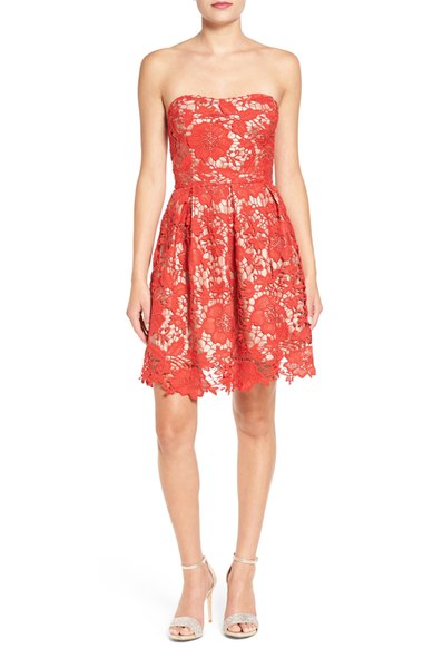 Lush Lace Strapless Fit & Flare Dress Red Nude lace dresses fall wedding guest 