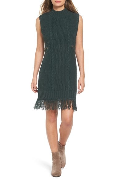MOON RIVER Fringe Hem Cable Knit Sweater Dress Teal sweater dresses fall 2016