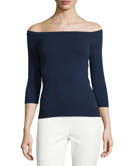 Milly Off-the-Neckline Pullover Navy Blue off the shoulder sweaters fall 2016