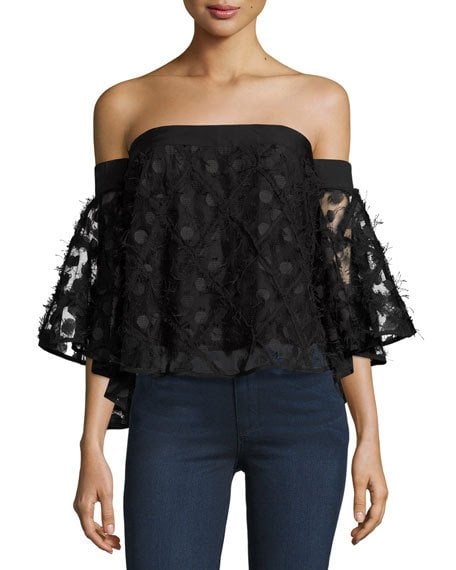 Milly Semisheer Embroidered Off-the-Shoulder Top Black bell sleeve tops 
