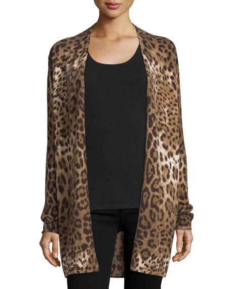 Neiman Marcus Cashmere Collection Open Cashmere Leopard Print Cardigan, Sand Multi cashmere cardigans fall 2016