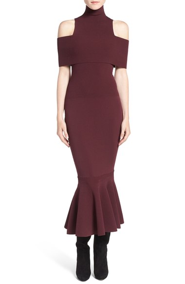 Olivia Palermo + Chelsea28 Cold Shoulder Body-Con Sweater Dress Burgundy Stem sweater dresses for fall 2016