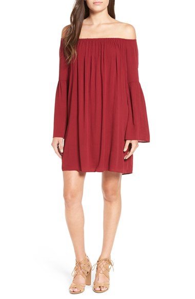 One Clothing Off the Shoulder Shift Dress Bell Sleeves Burgundy bell sleeve dresses fall 2016