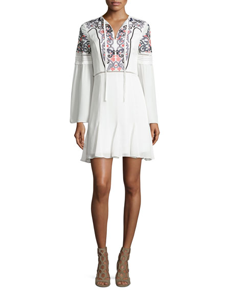 Parker Milly Embroidered Long-Sleeve Mini Dress Ivory bell sleeve dresses fall 2016